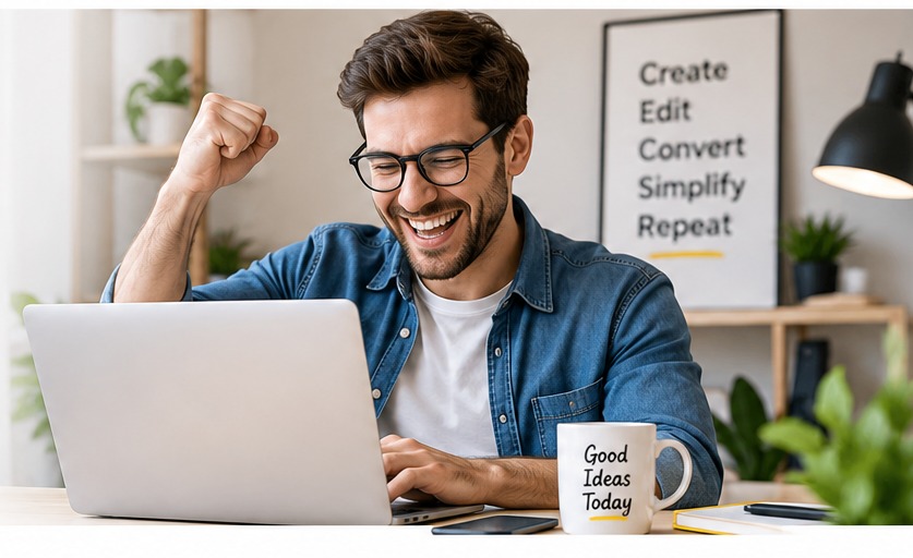Zufriedene Person am Computer mit kreativen Online-Tools